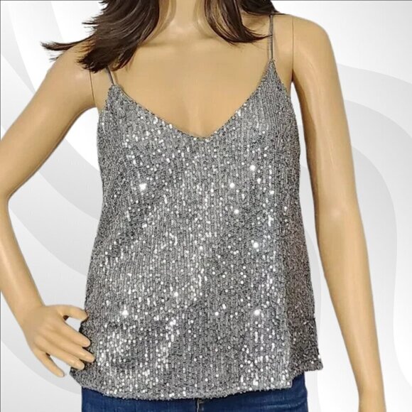 2/$30 Lulus Sparkling Glimpse Grey Sequin Sleeveless Cami Top Size S - Picture 3 of 8